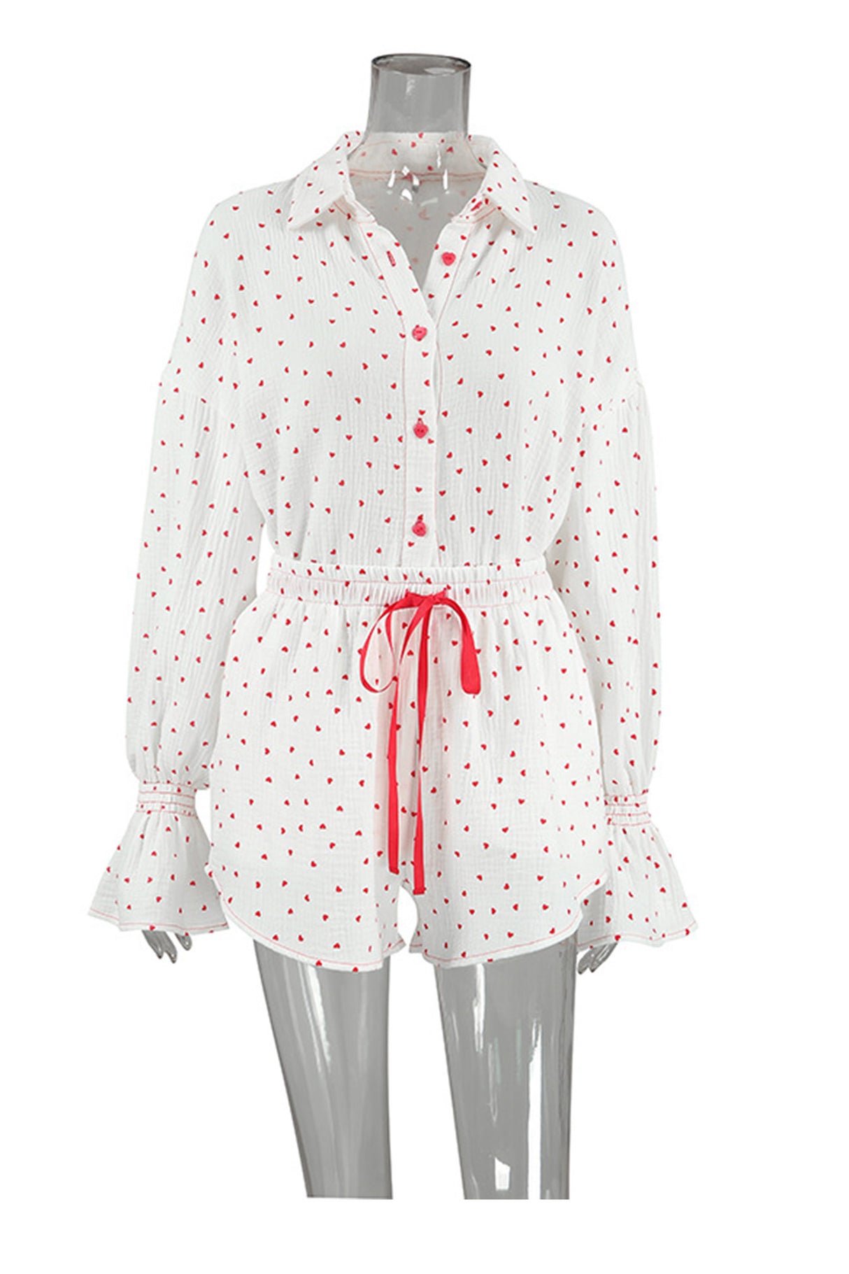 Arolora Flare Sleeve Heart Print Bow Tie Cotton Three-piece Set