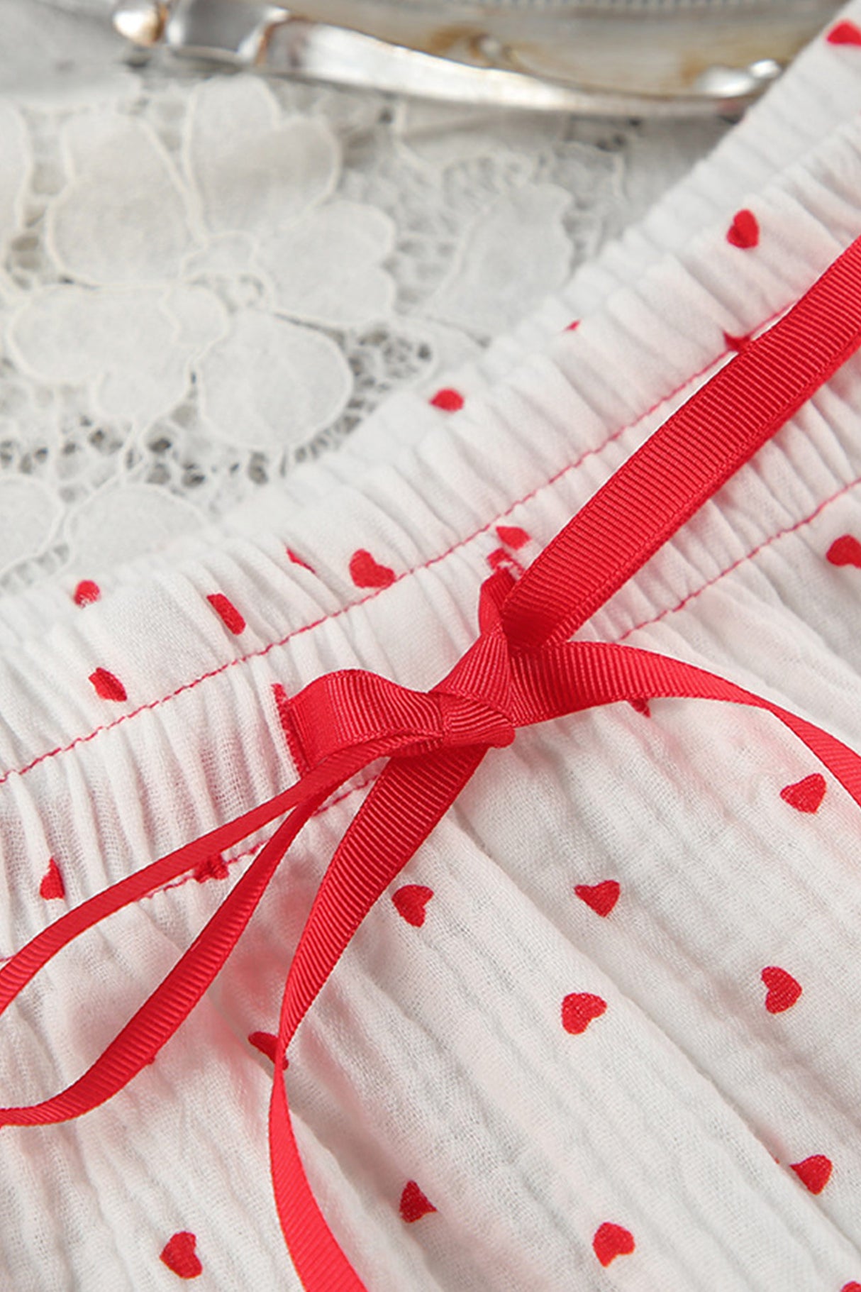 Arolora Flare Sleeve Heart Print Bow Tie Cotton Three-piece Set