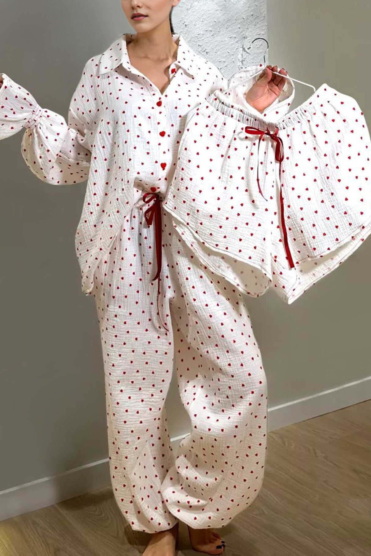 Arolora Flare Sleeve Heart Print Bow Tie Cotton Three-piece Set