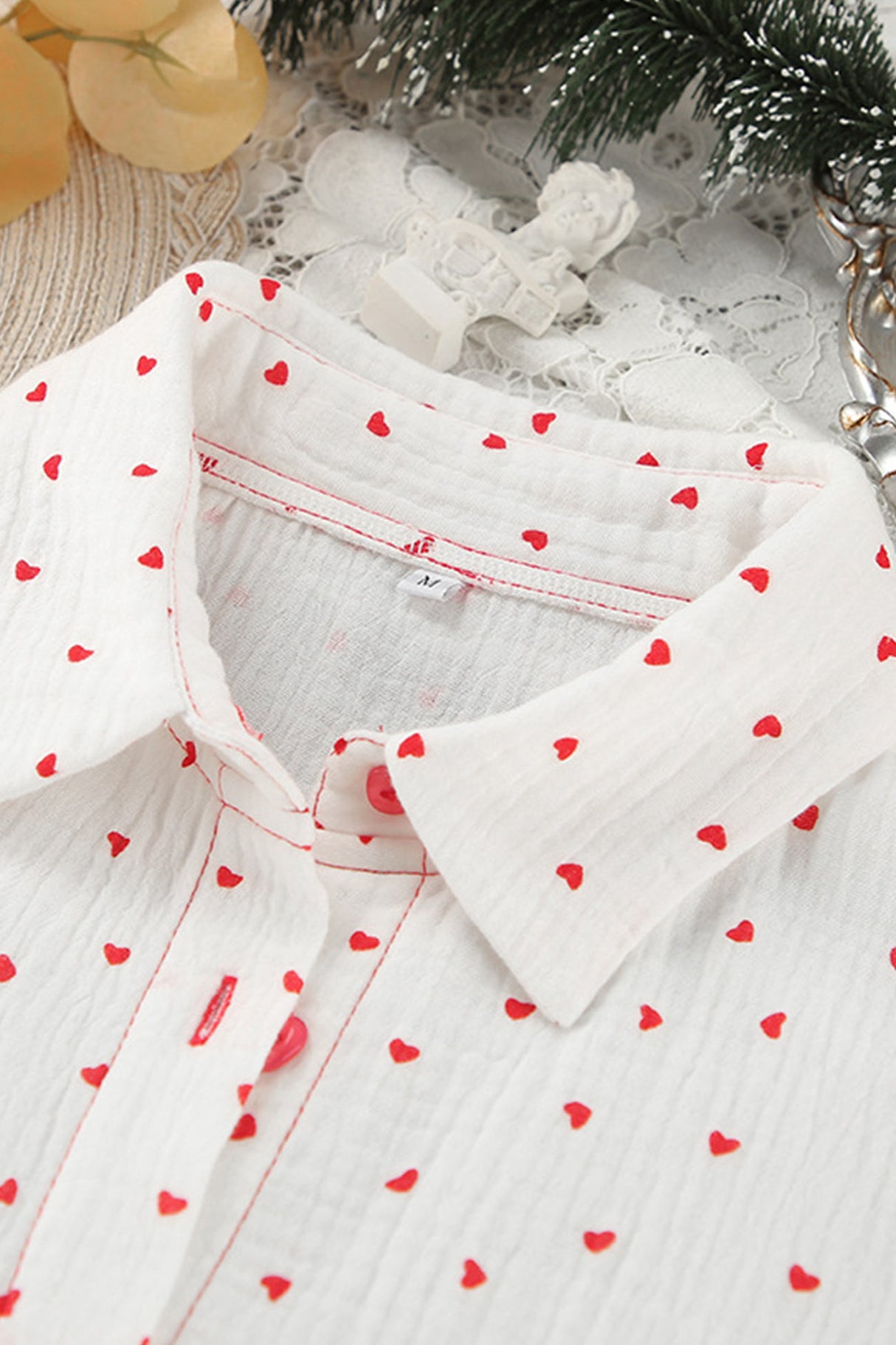 Arolora Flare Sleeve Heart Print Bow Tie Cotton Three-piece Set