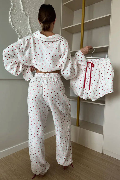 Arolora Flare Sleeve Heart Print Bow Tie Cotton Three-piece Set