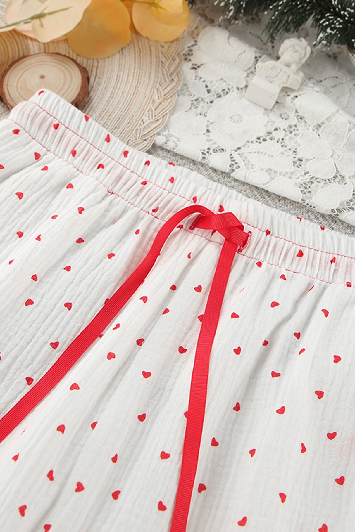 Arolora Flare Sleeve Heart Print Bow Tie Cotton Three-piece Set