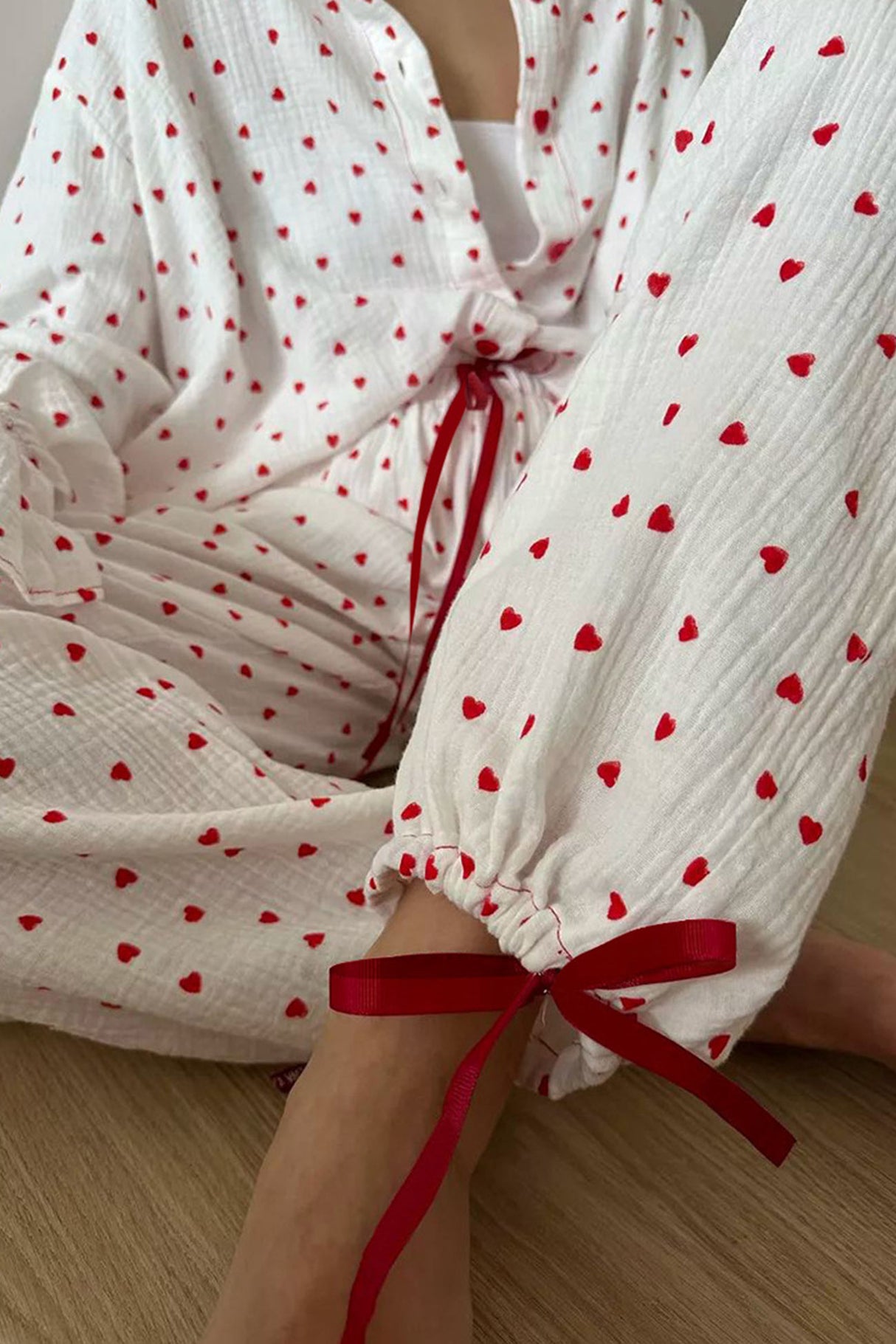 Arolora Flare Sleeve Heart Print Bow Tie Cotton Three-piece Set