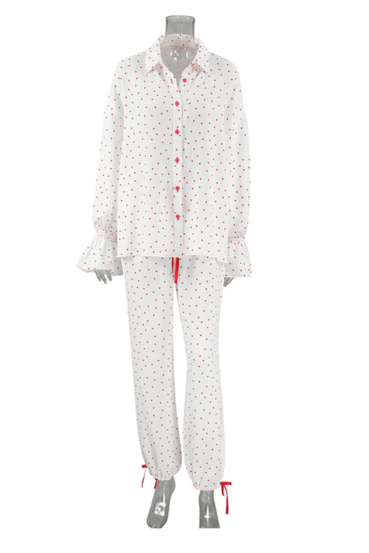 Arolora Flare Sleeve Heart Print Bow Tie Cotton Three-piece Set
