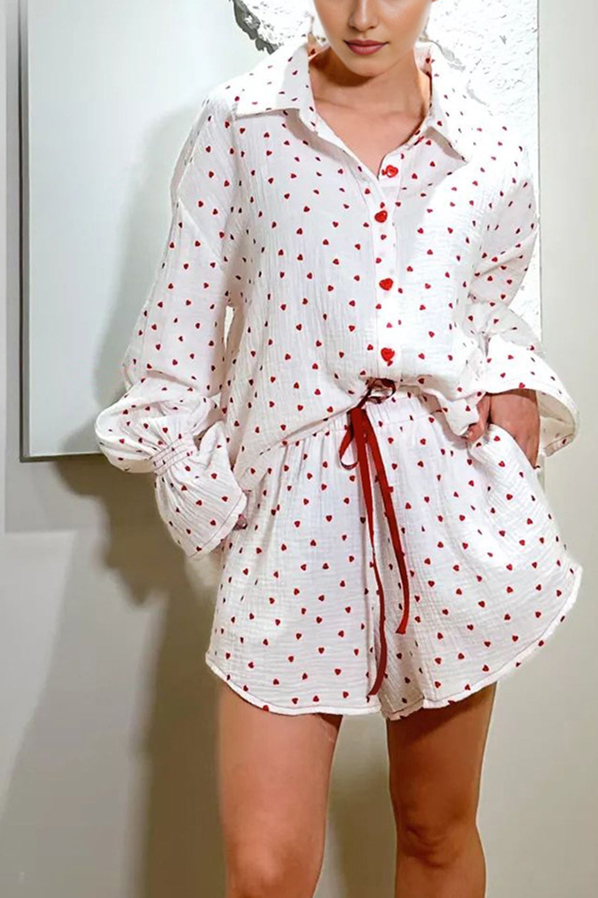 Arolora Flare Sleeve Heart Print Bow Tie Cotton Three-piece Set