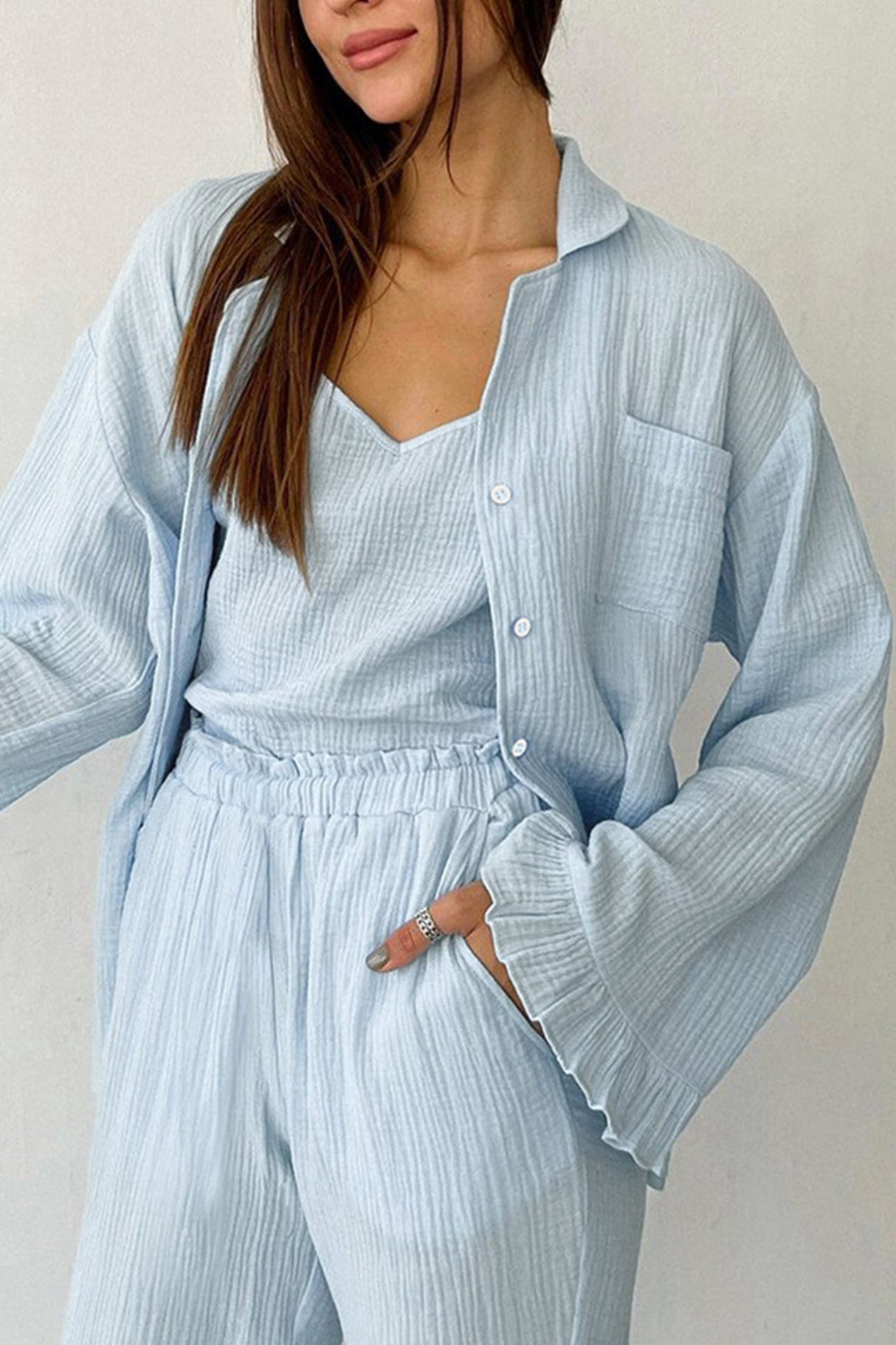 Flare Sleeve Shirt Vest Cotton Three-piece Pants Suits