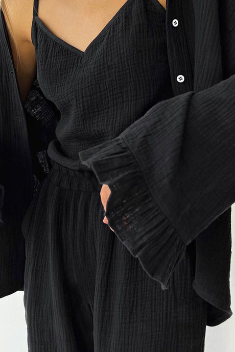 Flare Sleeve Shirt Vest Cotton Three-piece Pants Suits