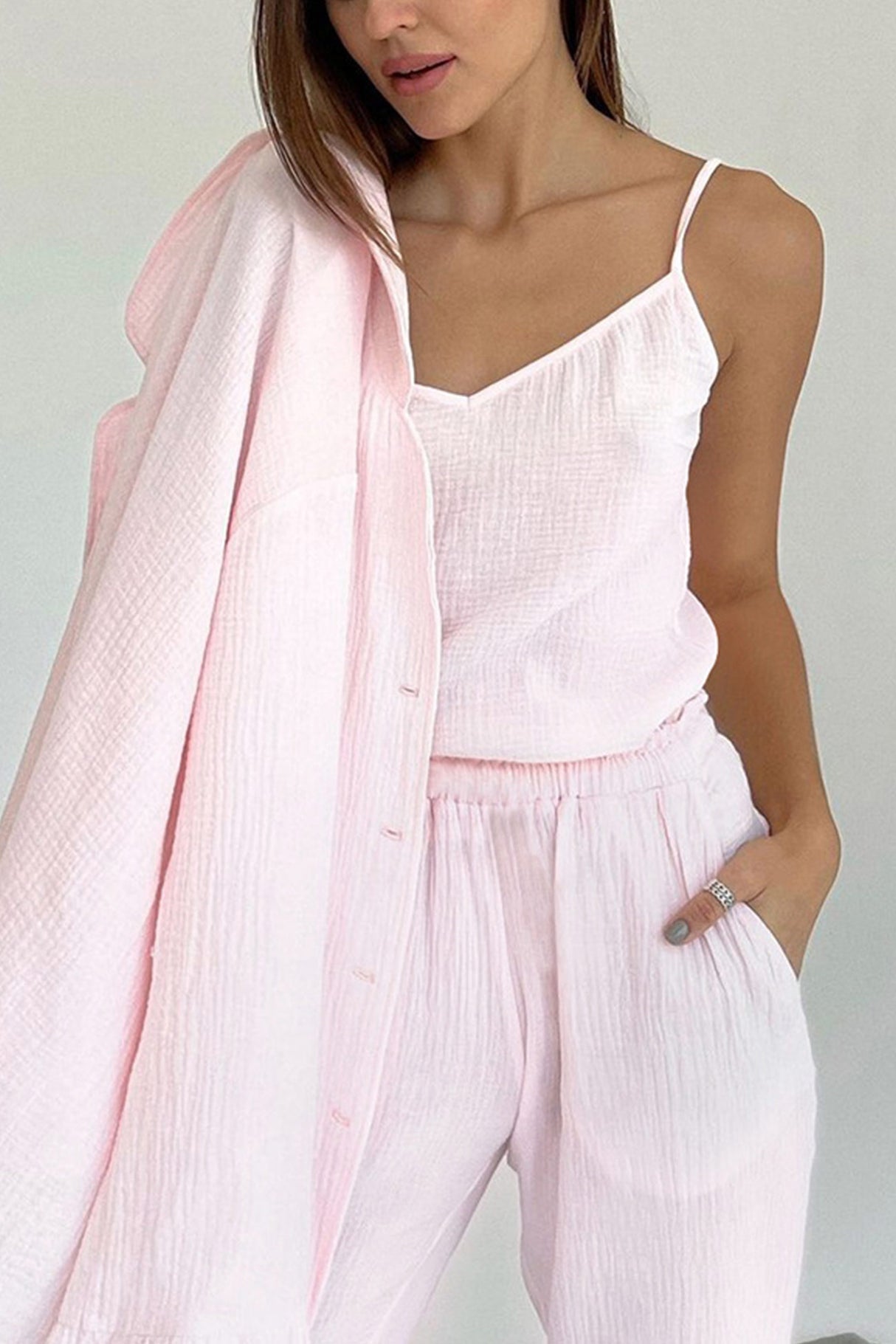 Flare Sleeve Shirt Vest Cotton Three-piece Pants Suits