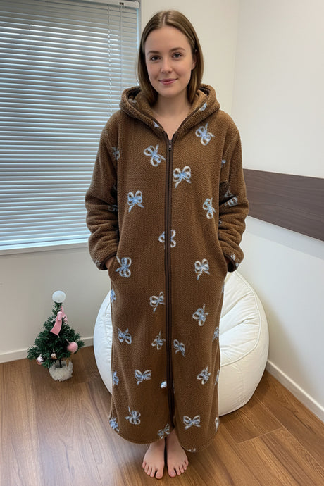 Fleece Zip-up Printed Hoodie Lounge Nightgowns