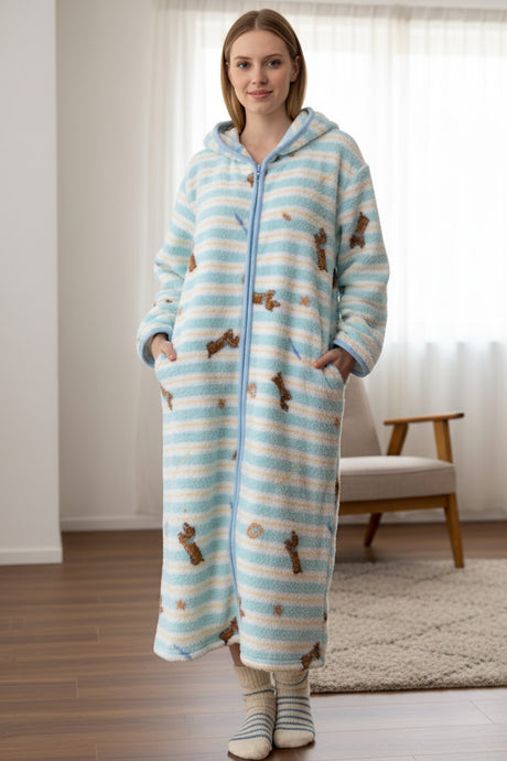 Fleece Zip-up Printed Hoodie Lounge Nightgowns