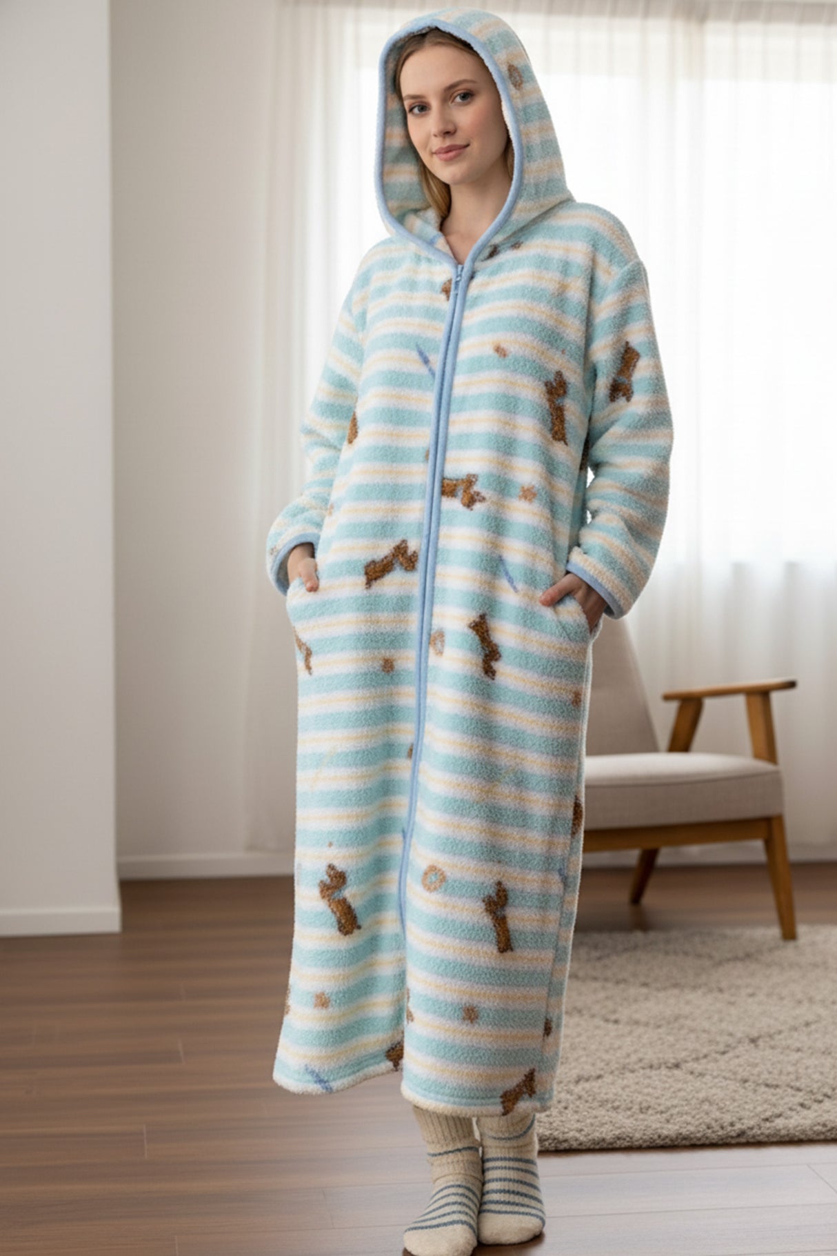 Fleece Zip-up Printed Hoodie Lounge Nightgowns