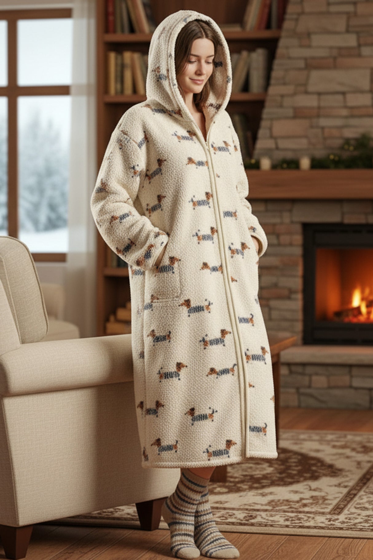 Fleece Zip-up Printed Hoodie Lounge Nightgowns