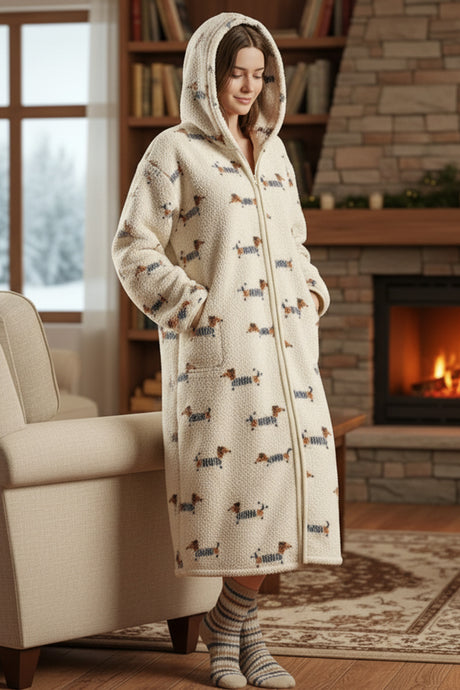 Fleece Zip-up Printed Hoodie Lounge Nightgowns