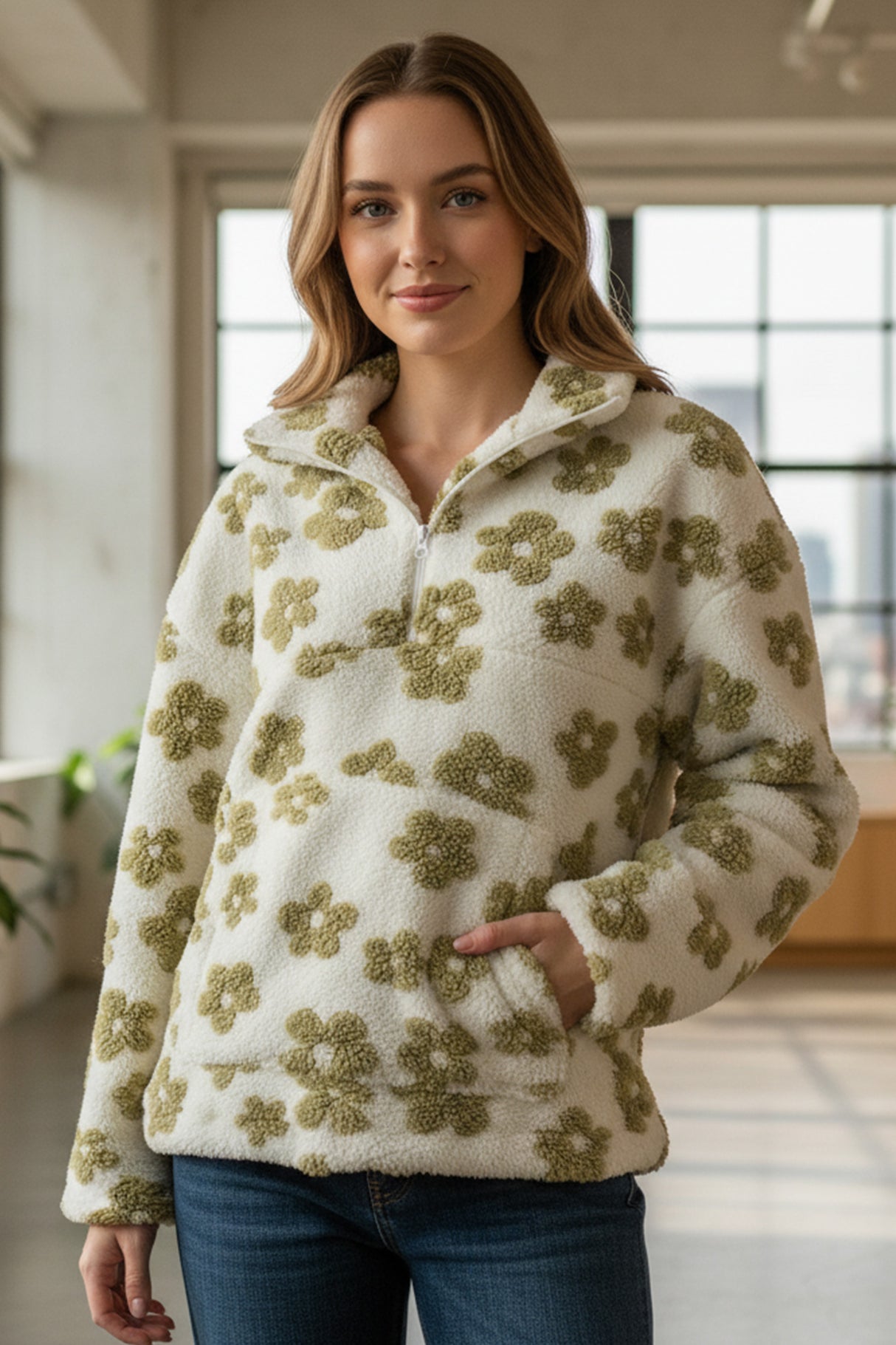 Floral Fleece Zip-Up Front Pocket Hoodie