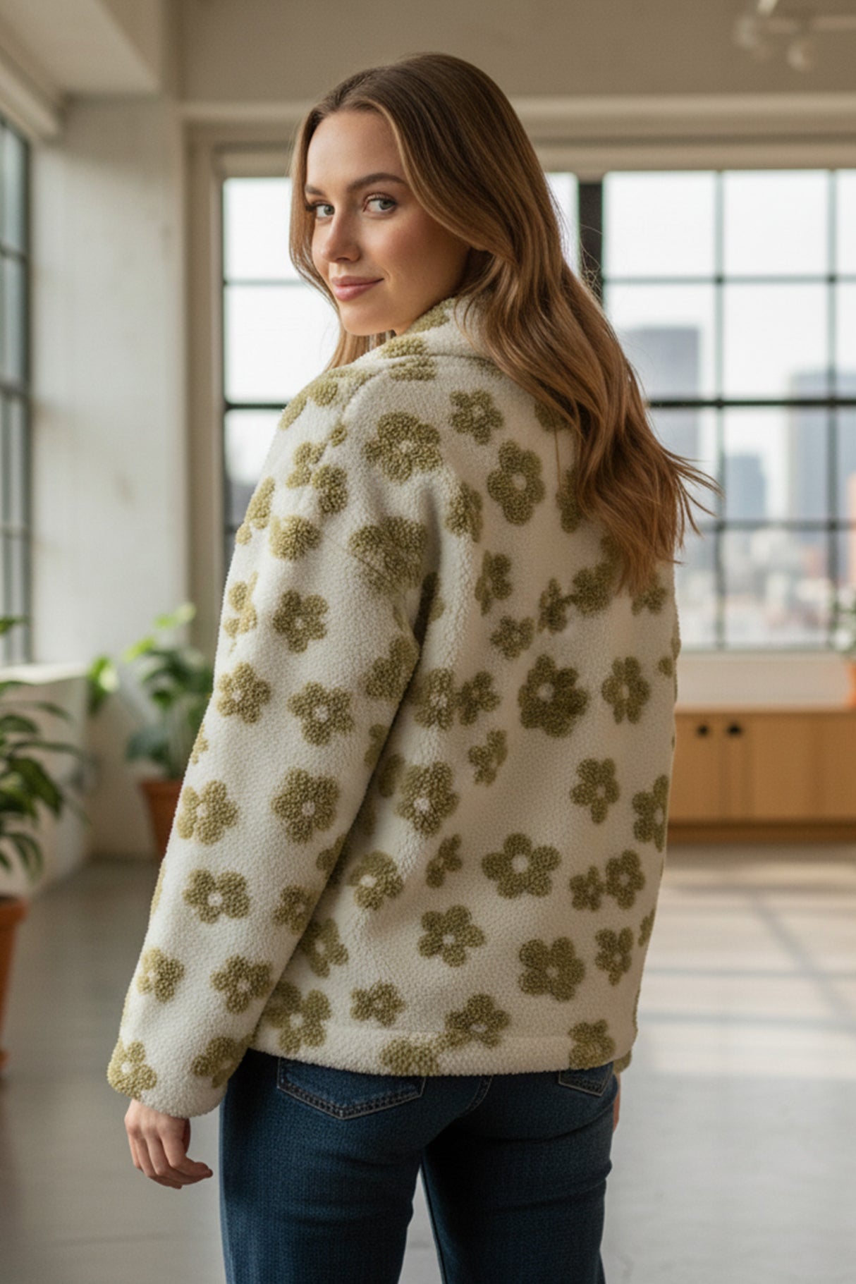 Floral Fleece Zip-Up Front Pocket Hoodie