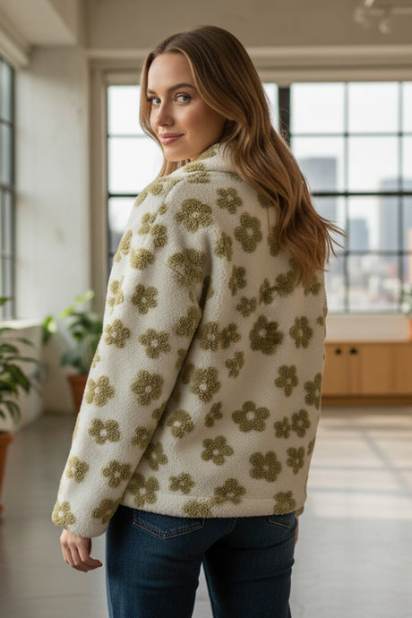 Floral Fleece Zip-Up Front Pocket Hoodie