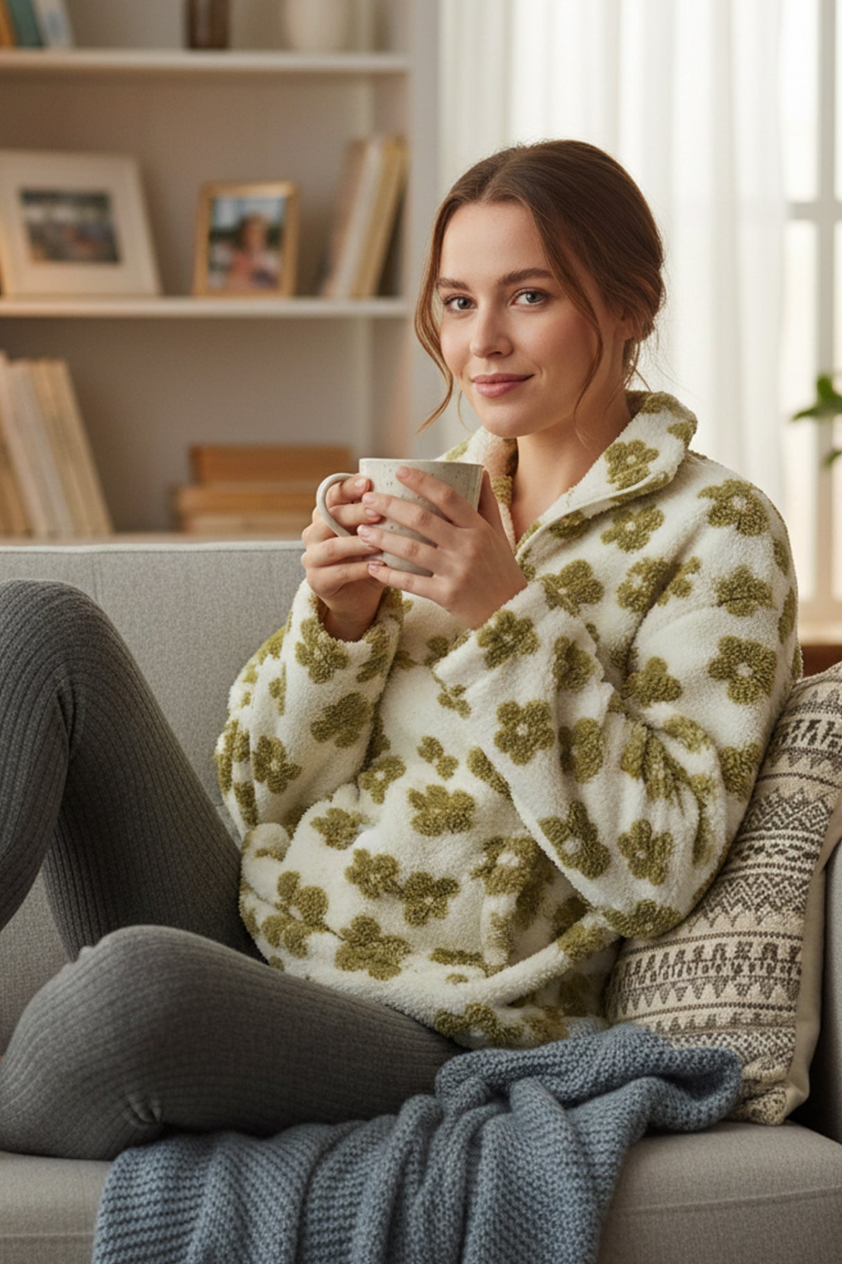 Floral Fleece Zip-Up Front Pocket Hoodie