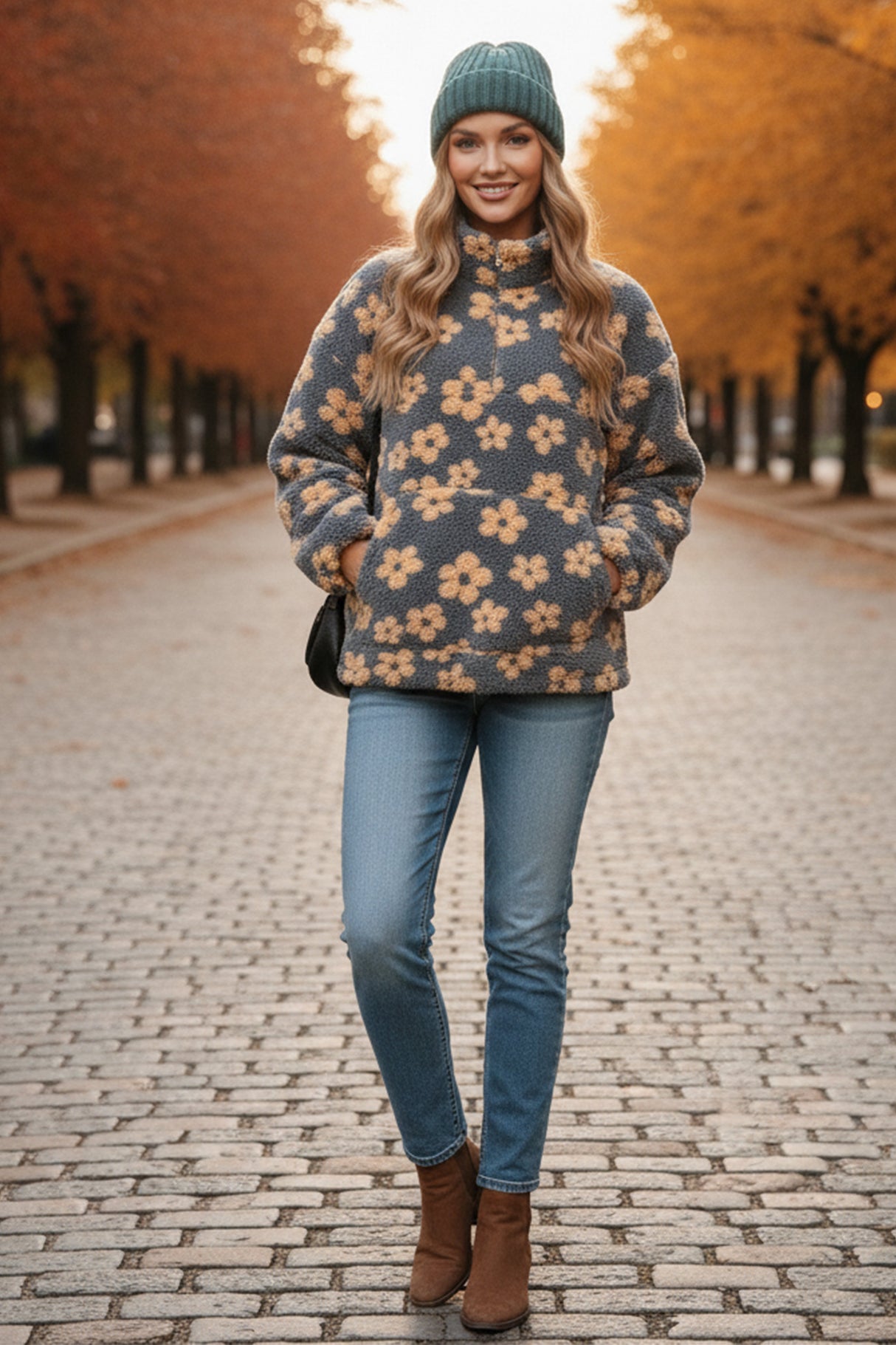 Floral Fleece Zip-Up Front Pocket Hoodie