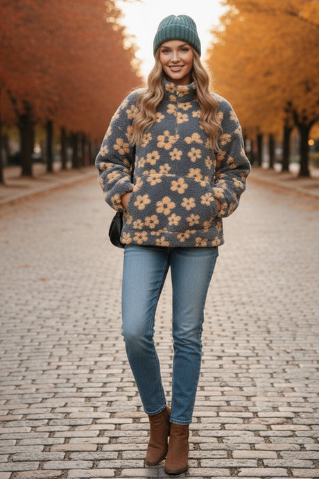Floral Fleece Zip-Up Front Pocket Hoodie
