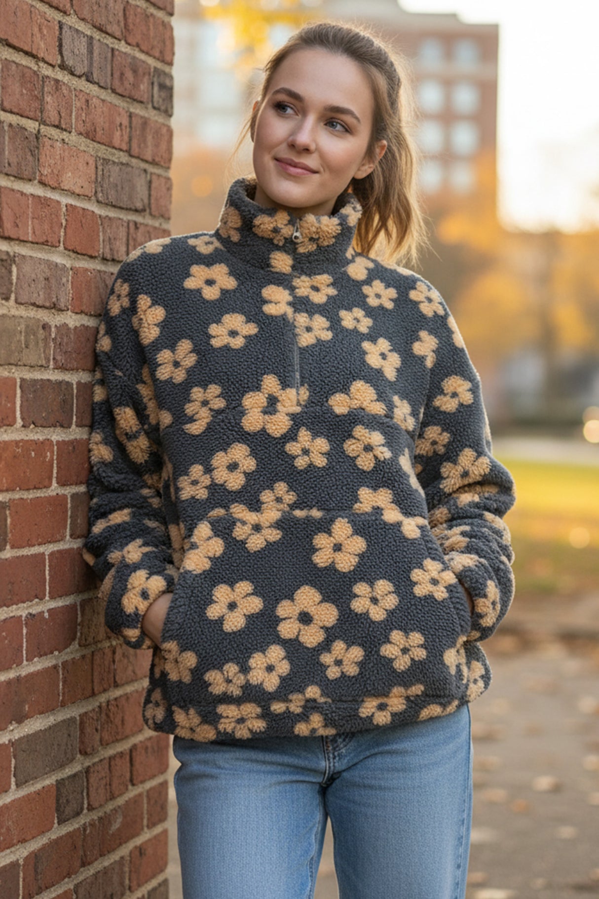 Floral Fleece Zip-Up Front Pocket Hoodie