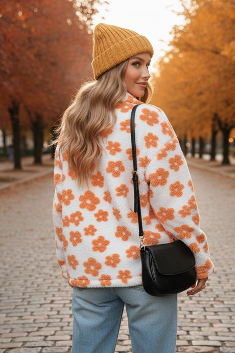 Floral Fleece Zip-Up Front Pocket Hoodie