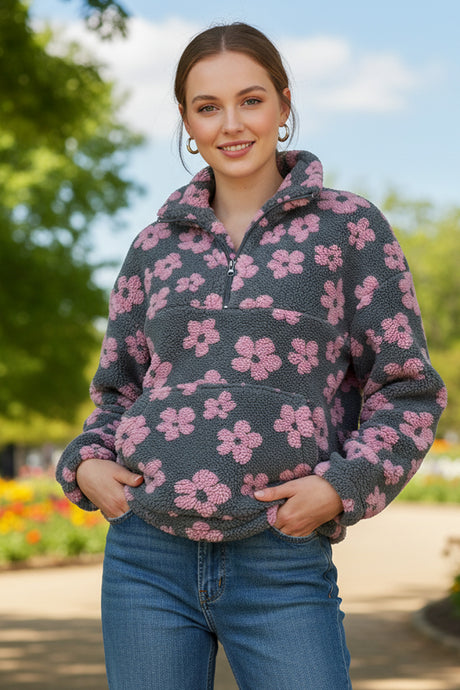 Floral Fleece Zip-Up Front Pocket Hoodie