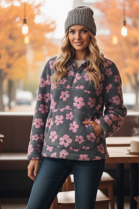 Floral Fleece Zip-Up Front Pocket Hoodie