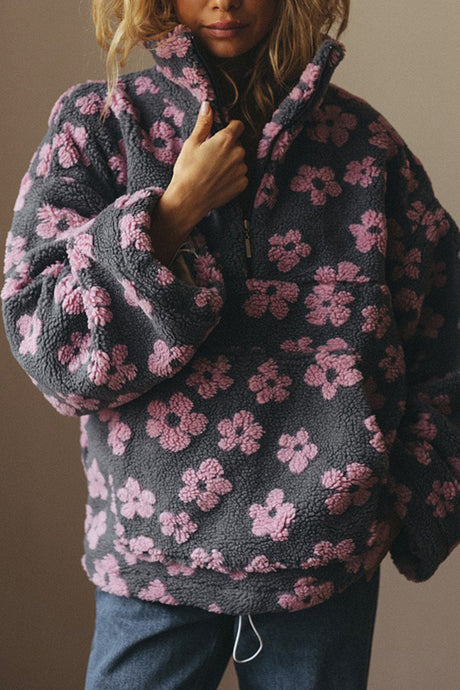 Floral Fleece Zip-Up Front Pocket Hoodie