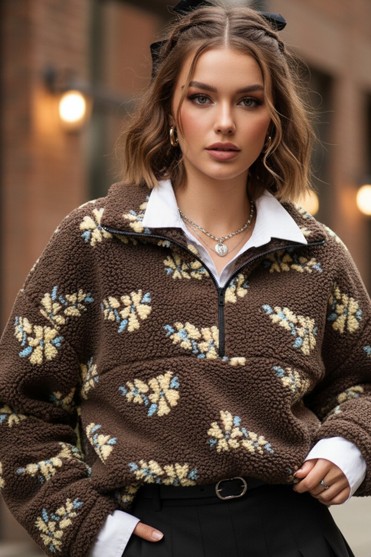 Floral Fleece Zip-Up Front Pocket Hoodie