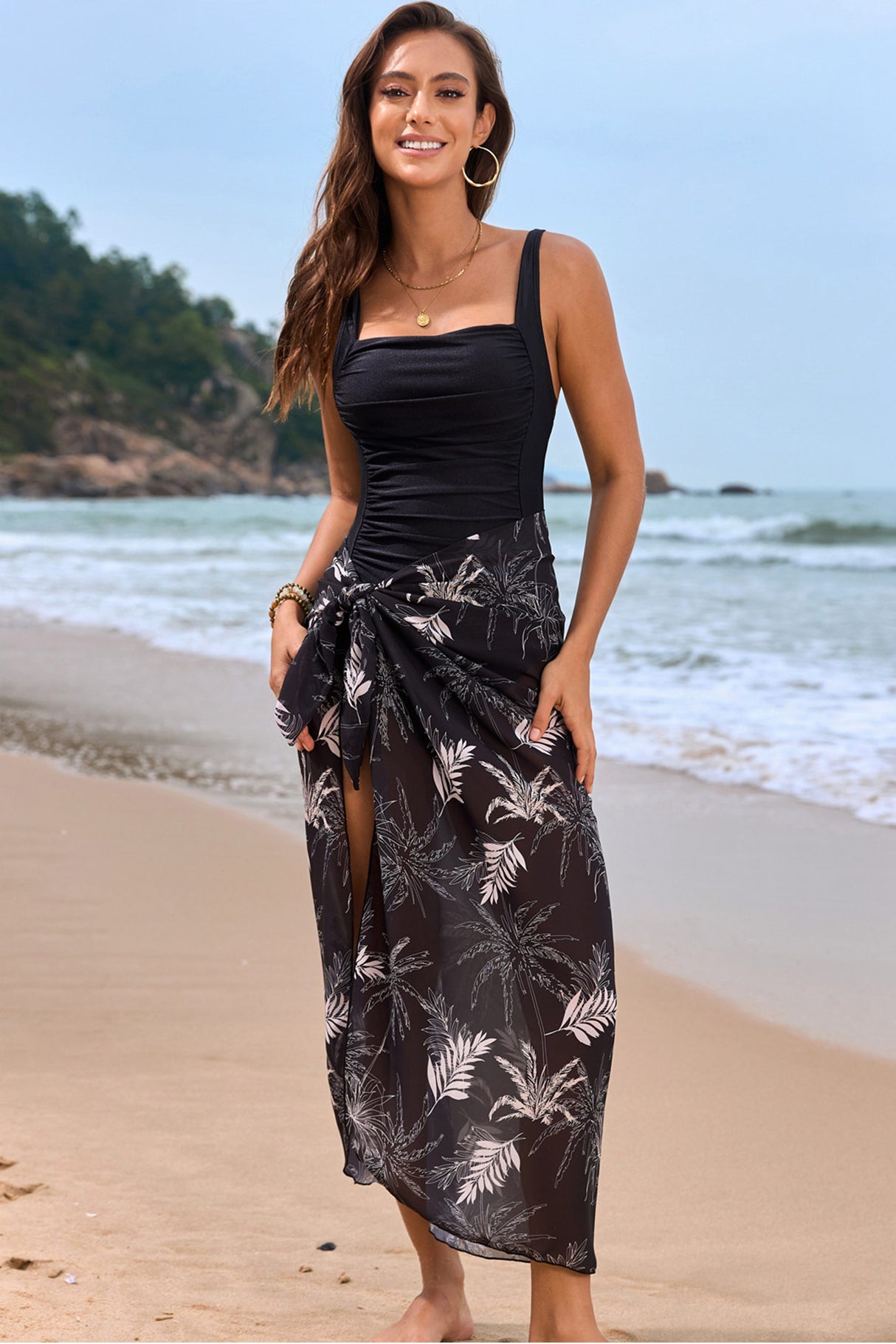 Arolora Floral One-Piece Swimsuit with Sarong