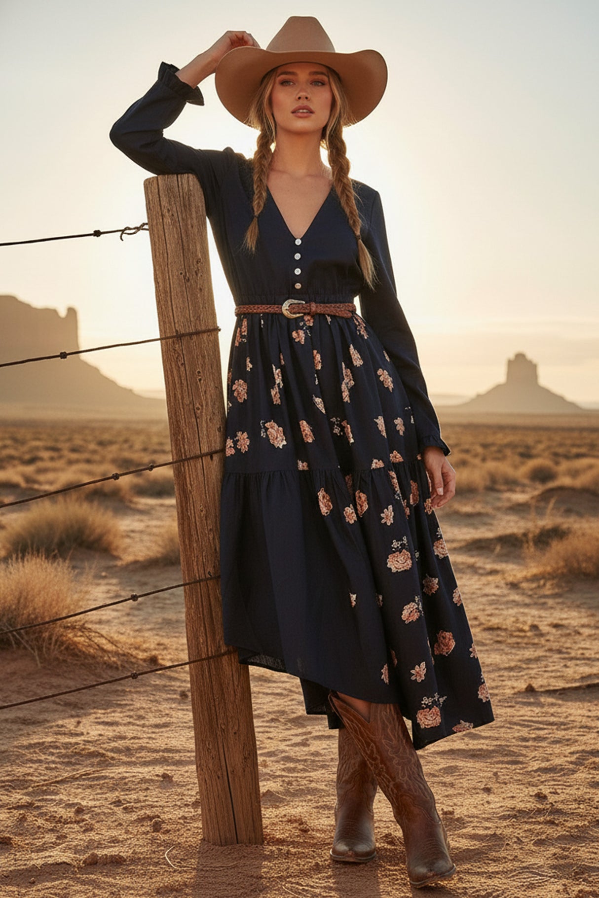 Floral Print Irregular Hem Retro Midi Dress