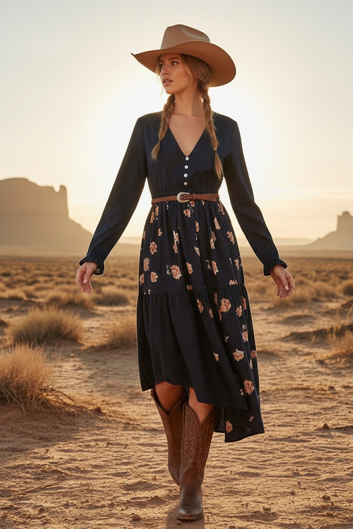 Floral Print Irregular Hem Retro Midi Dress