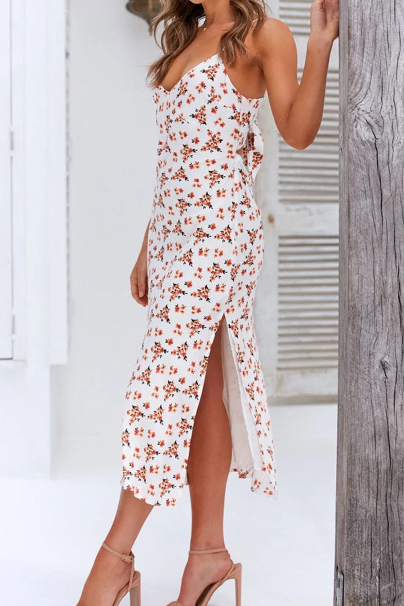 Arolora Floral Print Low Cut Slit Cami Dress