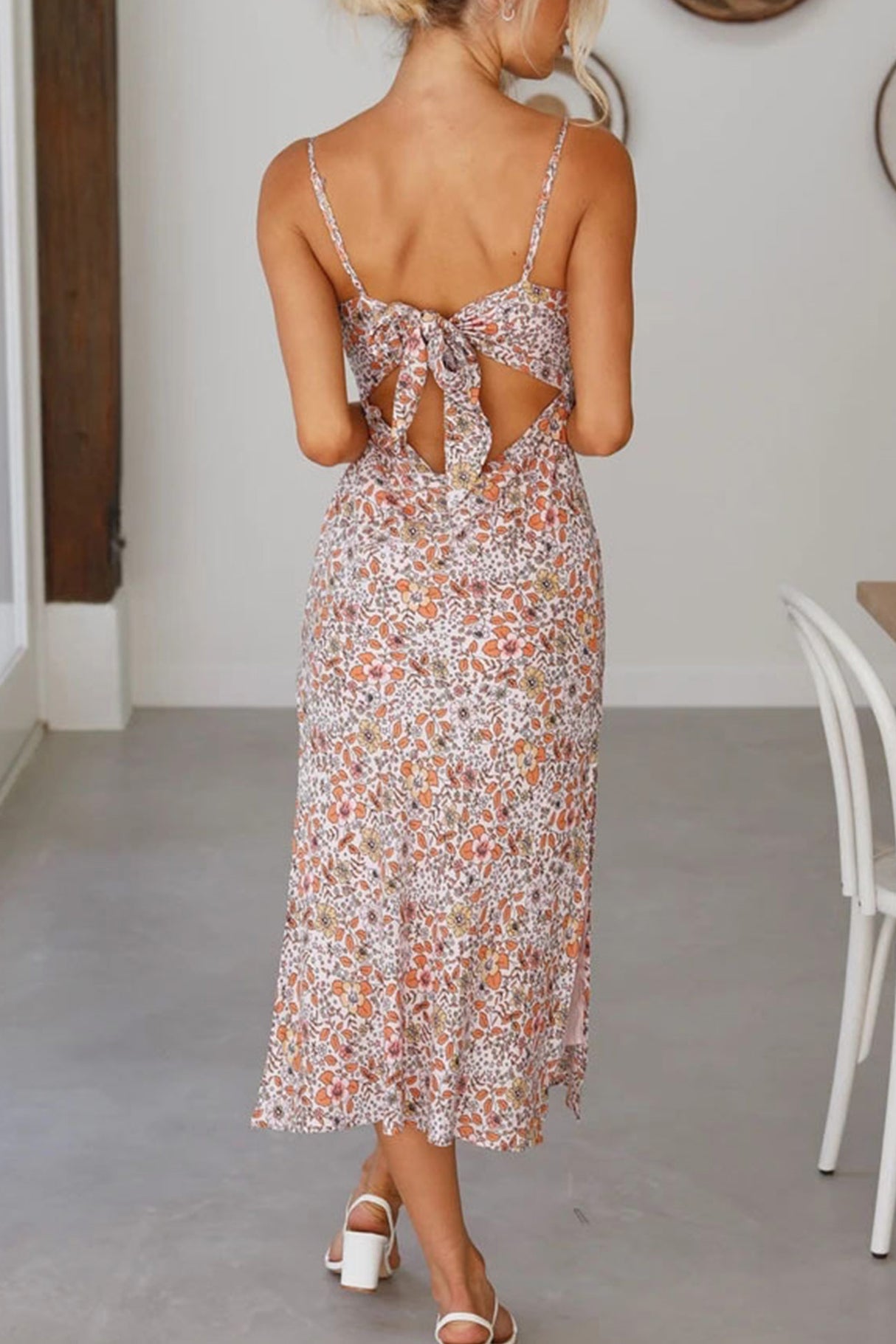 Arolora Floral Print Low Cut Slit Cami Dress