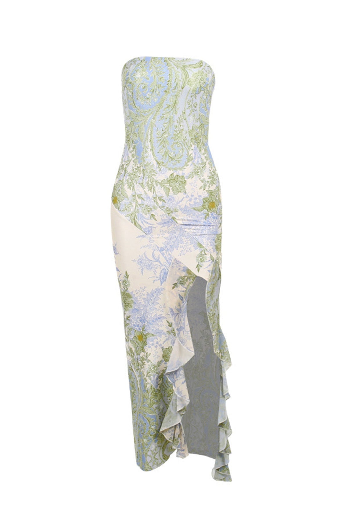 Arolora floral-print-ruffle-slit-strapless-dress