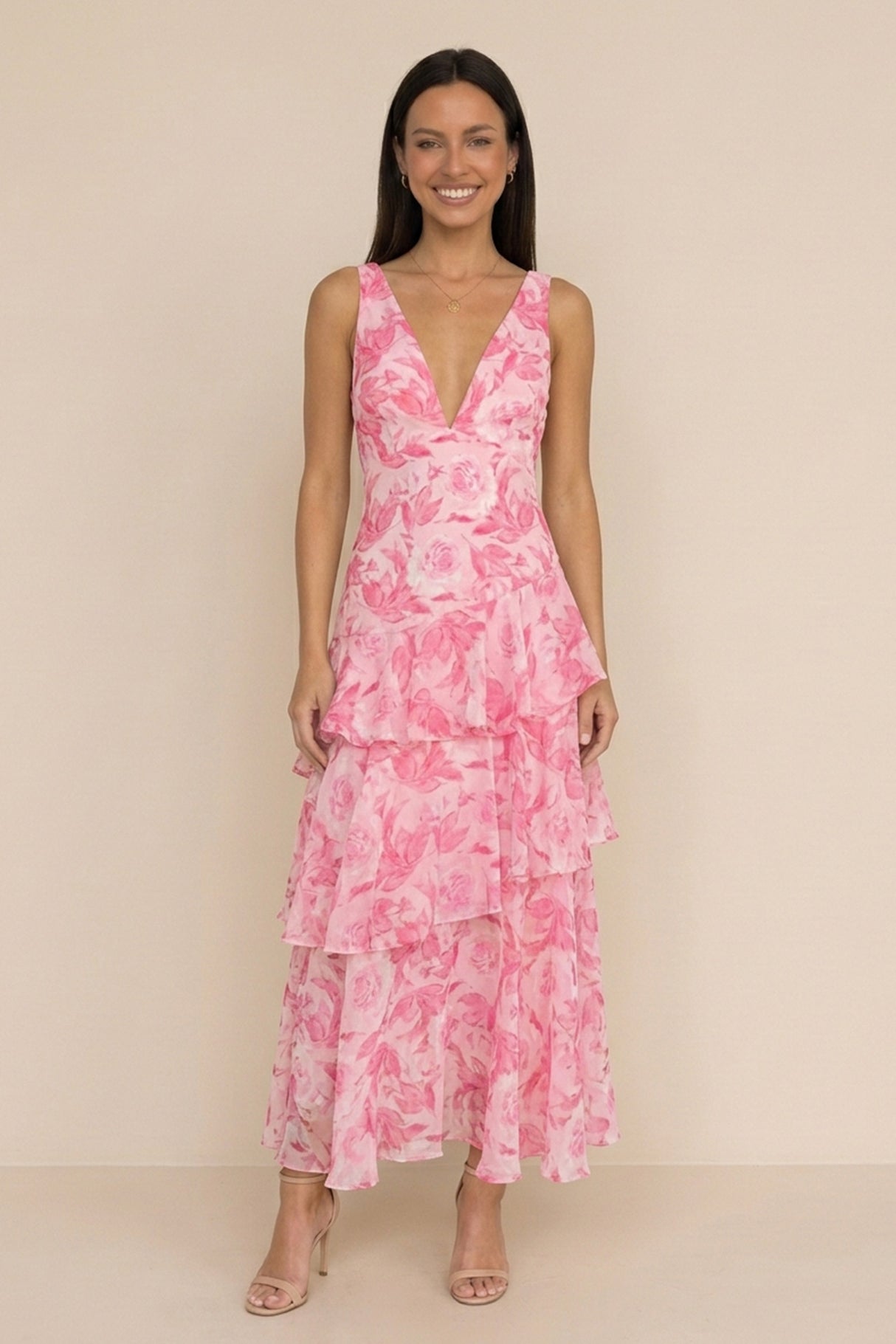 Floral Print Tie-up Back Chiffon Tiered Dress