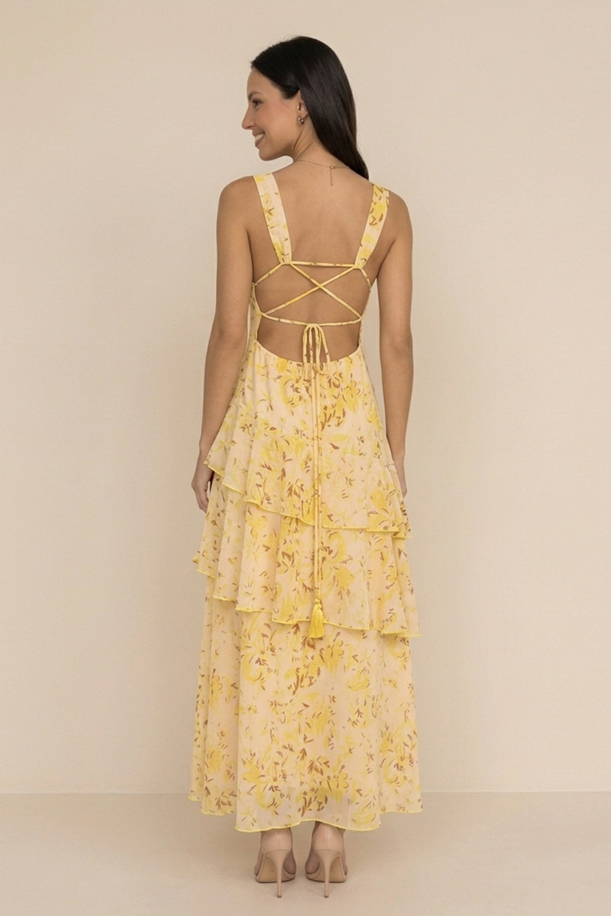 Floral Print Tie-up Back Chiffon Tiered Dress