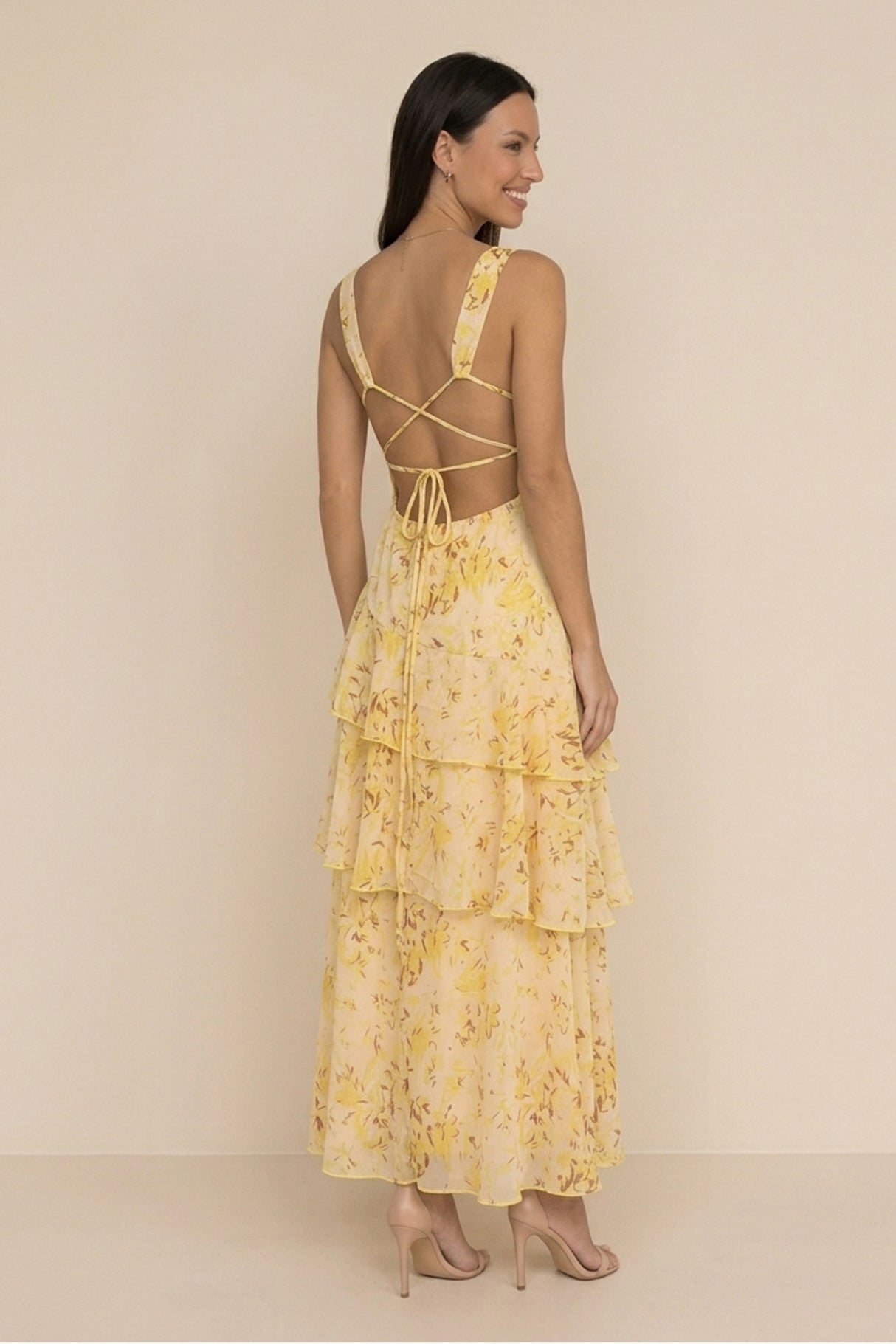 Floral Print Tie-up Back Chiffon Tiered Dress