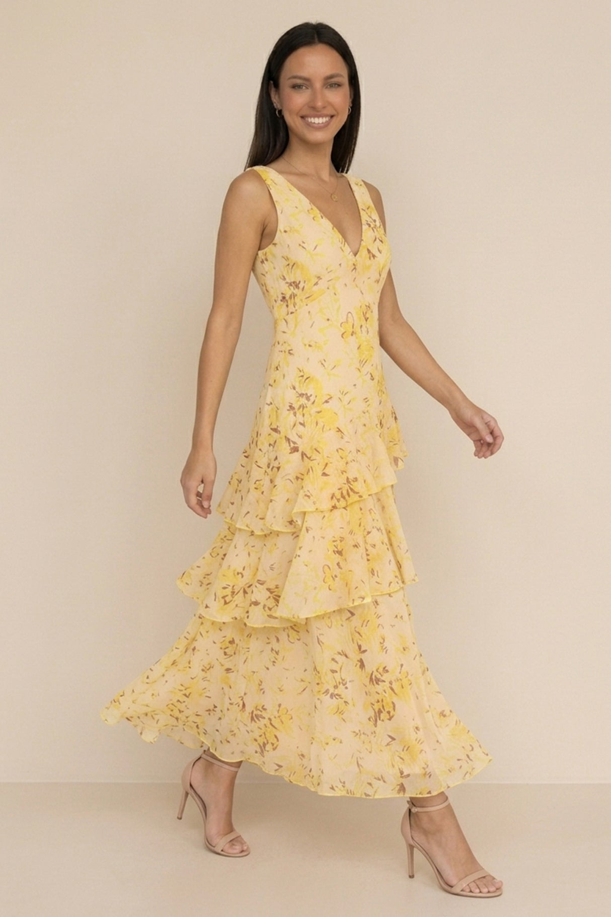 Floral Print Tie-up Back Chiffon Tiered Dress
