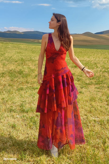 Floral Print Tie-up Back Chiffon Tiered Dress