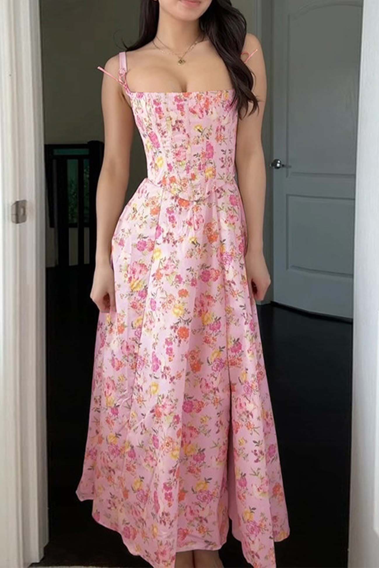 Arolora floral-shoulder-straps-corset-a-line-dress
