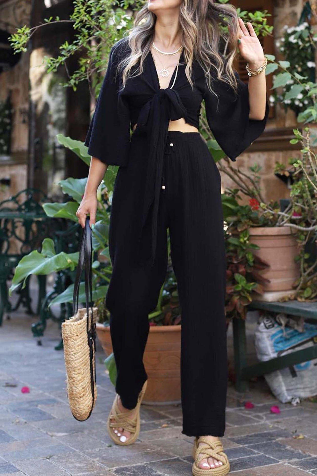 Front-Tie Bell Sleeve Pants Set