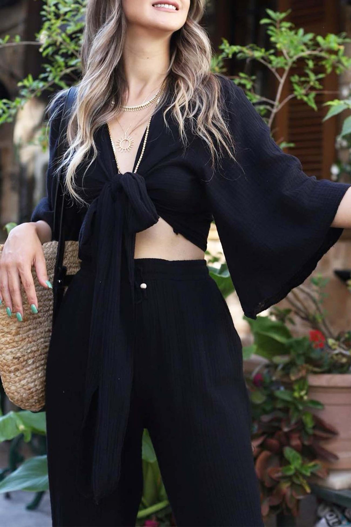 Front-Tie Bell Sleeve Pants Set