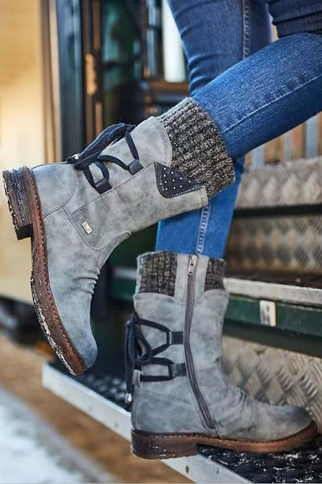 Mid-Calf Knitted Patchwork Lace Up Boots