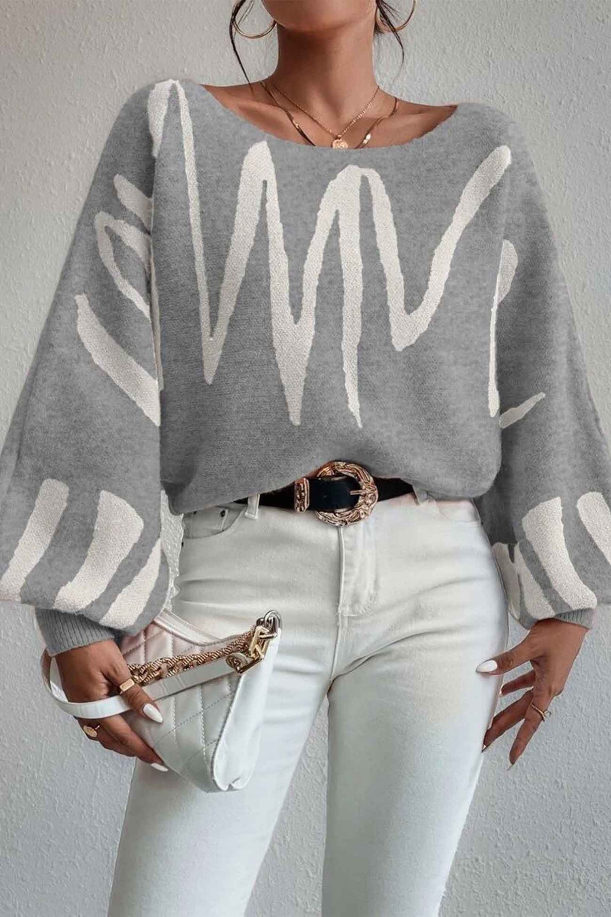 Geometric Lantern Sleeve Knitted Sweater