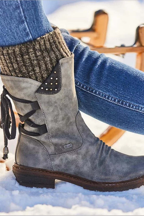 Mid-Calf Knitted Patchwork Lace Up Boots