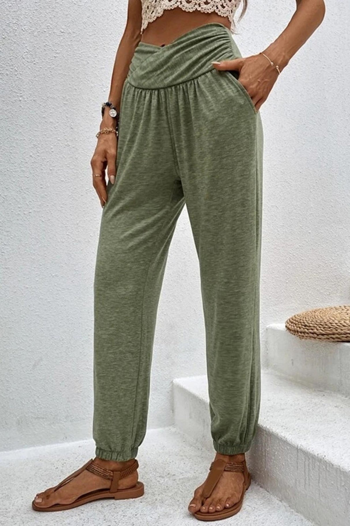Gathered High waist Solid Long Pants
