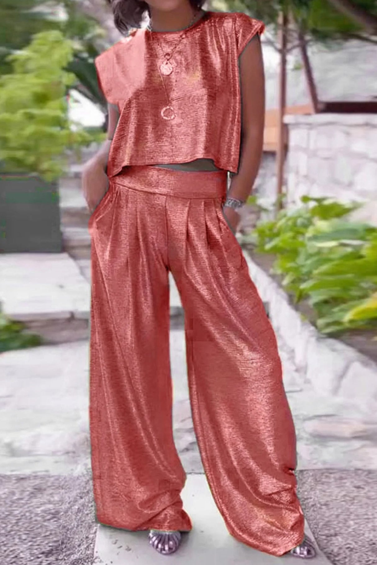 Arolora Glossy Vest Wide Leg Pants Set