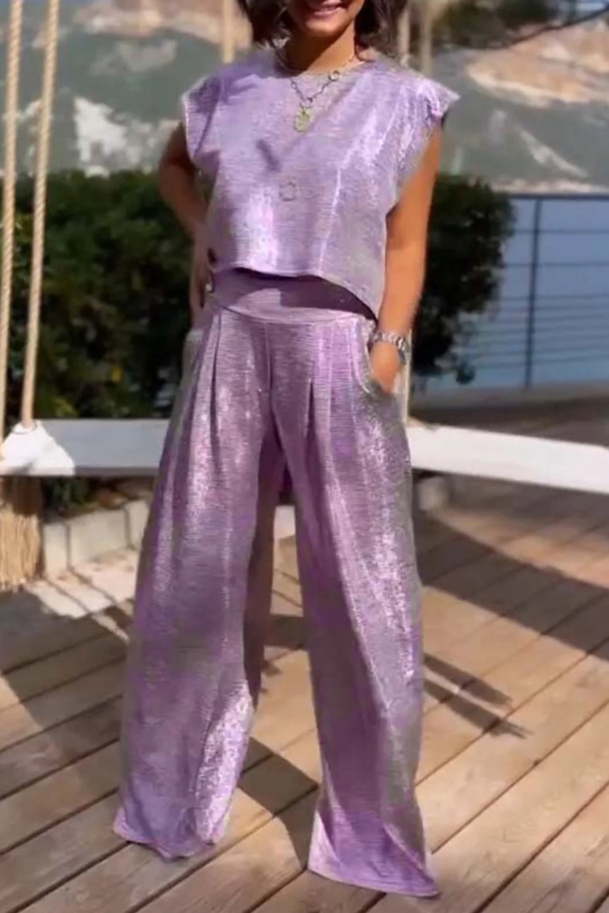 Arolora Glossy Vest Wide Leg Pants Set