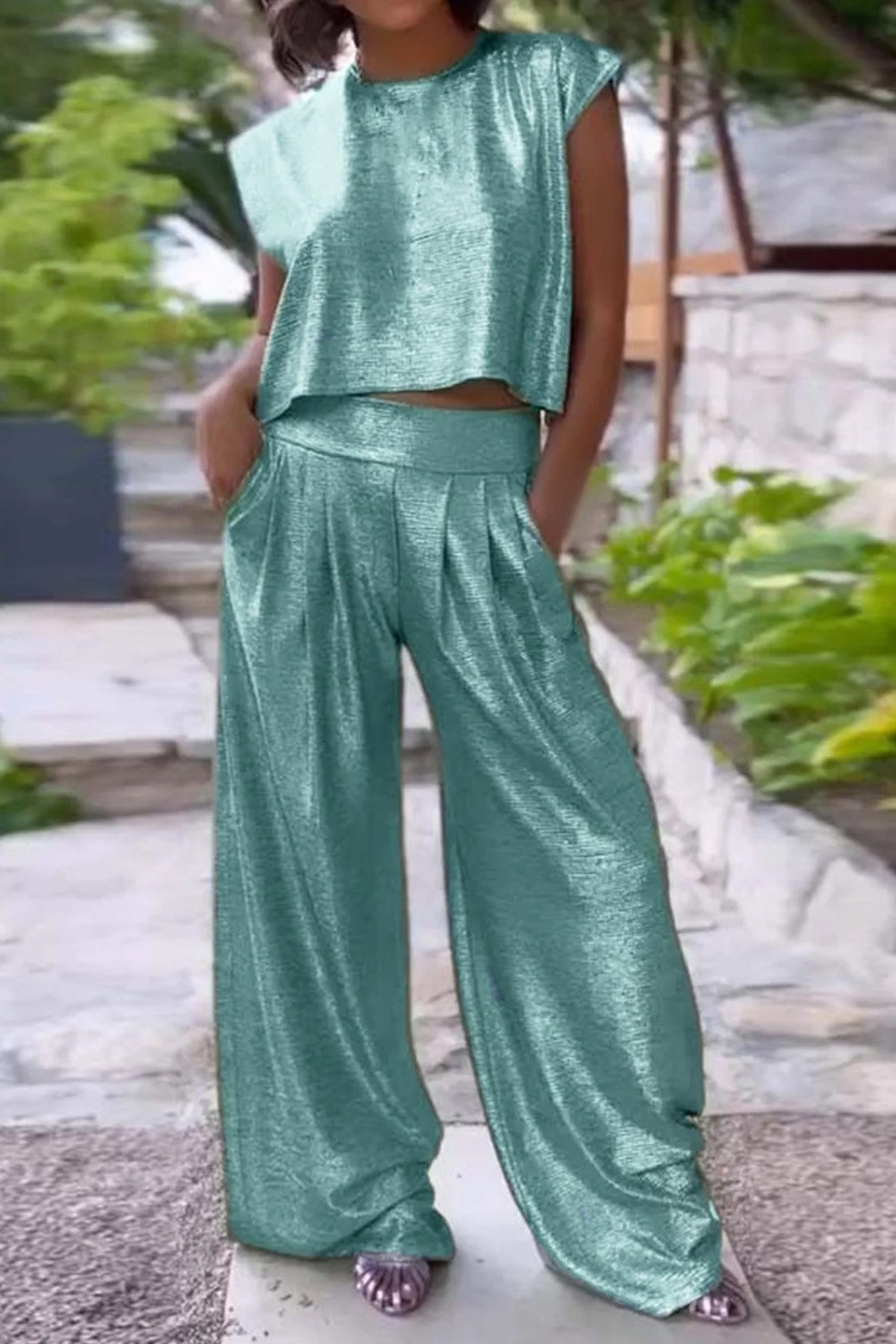 Arolora Glossy Vest Wide Leg Pants Set